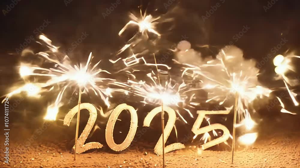 Sparkling sparklers form number 2025 dark backdrop symbolizing joy celebration excitement new year glowing light trails create festive hopeful mood Years celebrations sparkler night background hope