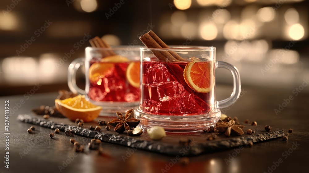 Warm Spiced Drink with Cinnamon and Orange Slices in Cozy Setting Warm Spiced Drink with Cinnamon and Orange Slices in Cozy Setting