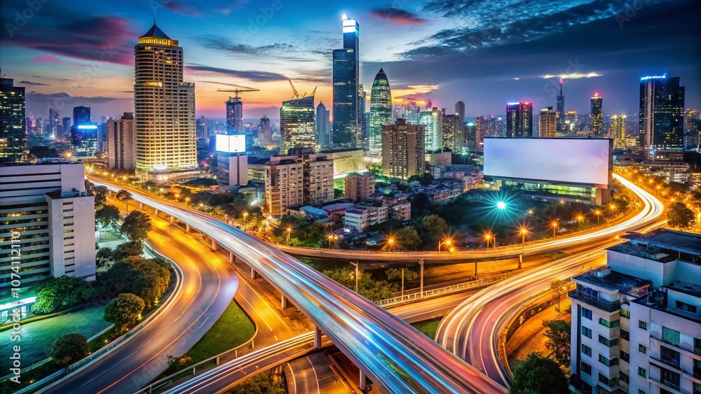 Obraz premium Long Exposure Poster Mockup Template in Bangkok with Blank Space for Clipping Path, Ideal for Advertising and Marketing, Urban Cityscape Background, Photographic Art Display