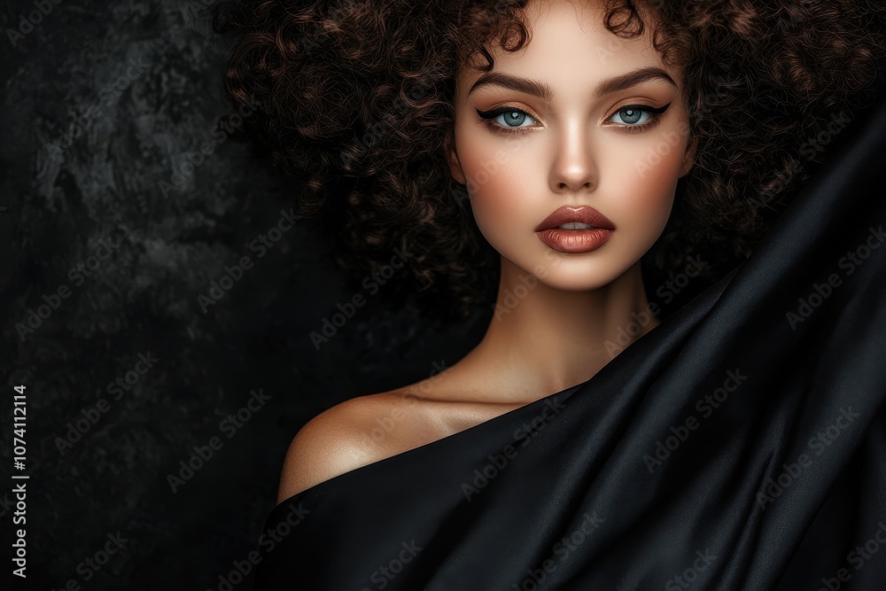 Elegant studio portrait of a stunning woman in a black cape with curly afro hair Style and allure