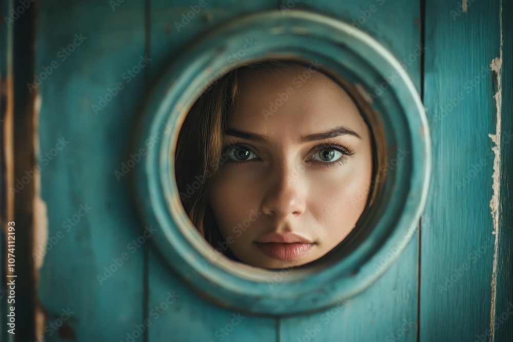 Female peeks through the door s peephole in the apartment Female peeks through the door s peephole in the apartment
