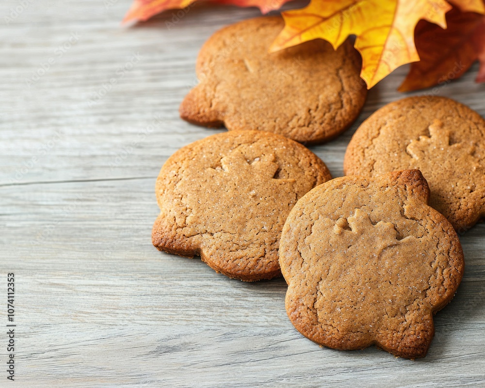 A cozy arrangement of autumn-themed cookies on a rustic wooden surface, surrounded by colorful fall leaves.