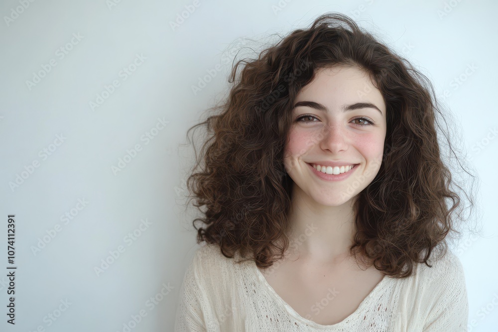 Image of a 25 year old woman with curly hair smiling against a white backdrop Image of a 25 year old woman with curly hair smiling against a white backdrop