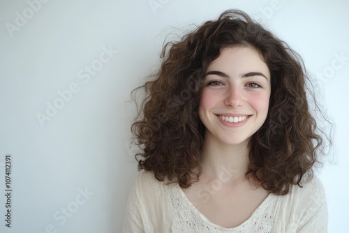 Image of a 25 year old woman with curly hair smiling against a white backdrop