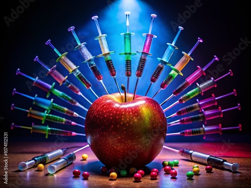 Low Light Photography of a GMO Apple Surrounded by Hypodermic Needles and Chemical Substances, Highlighting the Controversy of Genetically Modified Organisms and Their Impact on Health