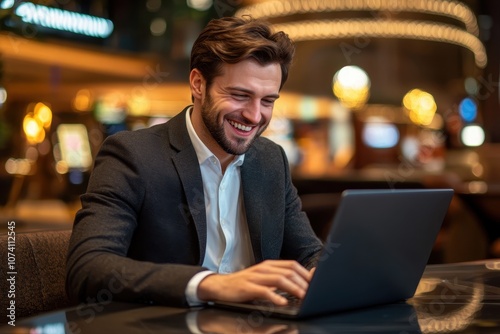 Image of a joyful young man in a suit with a laptop at a casino celebrating a jackpot win in an online blackjack game