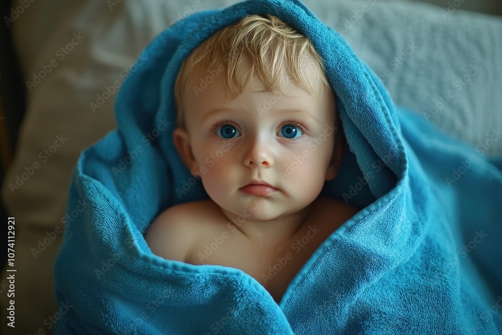Infant boy bundled in a towel post bath highlighting childcare and concern Infant boy bundled in a towel post bath highlighting childcare and concern