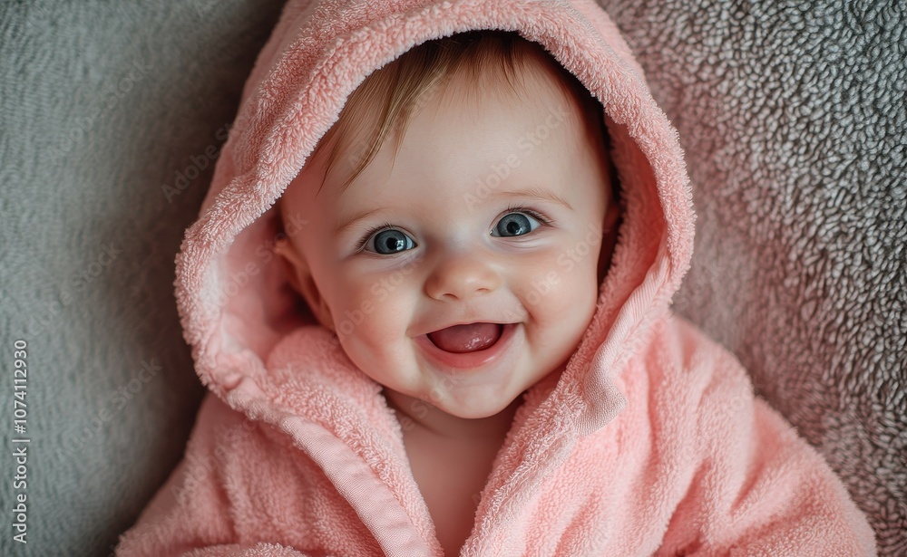 Infant in a terrycloth robe and diaper post bath Child with a hood Joyful baby girl in a soft pink robe Clean baby wrapped in a towel Baby care and hygiene Infant in a terrycloth robe and diaper post bath Child with a hood Joyful baby girl in a soft pink robe Clean baby wrapped in a towel Baby care and hygiene