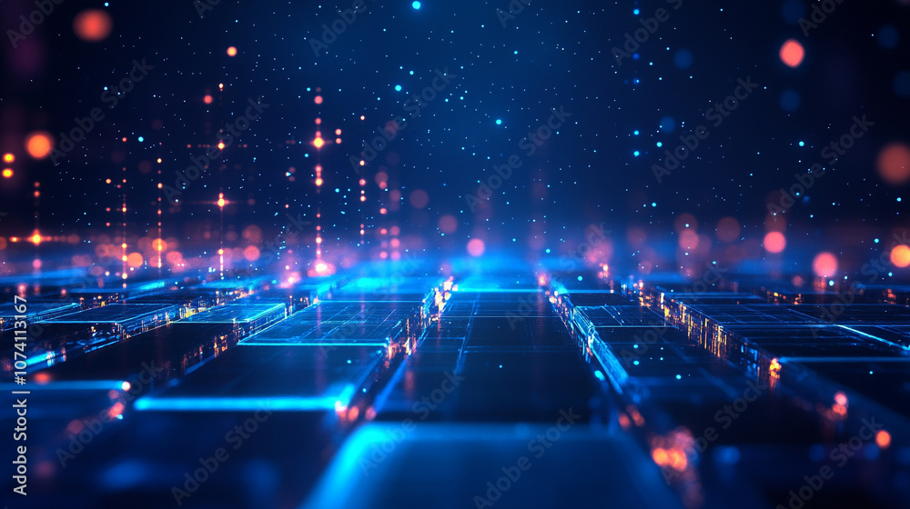 Blue geometric abstract technology background, blue technology light concept illustration, new blue technology background in deep blue color with circuit board and internal lining