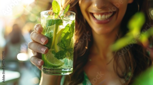 A satisfied customer takes a sip of a zeroalcohol mojito beaming with surprise at the delicious alcoholfree alternative to the traditional cocktail.