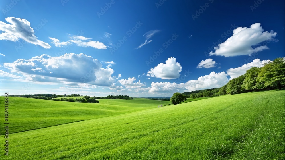Obraz premium Lush Green Grass Field Bathed in Bright Sunlight Under a Clear Blue Sky Perfect for Relaxation and Outdoor Activities, Showcasing Nature's Beauty and Serenity