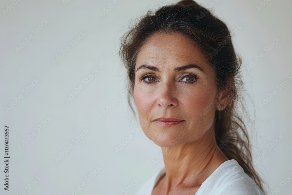 Stunning middle aged woman posing for skincare spa promotion against a white backdrop Stunning middle aged woman posing for skincare spa promotion against a white backdrop