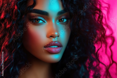 Stylish African model with long curly hair and flawless makeup against a colorful backdrop