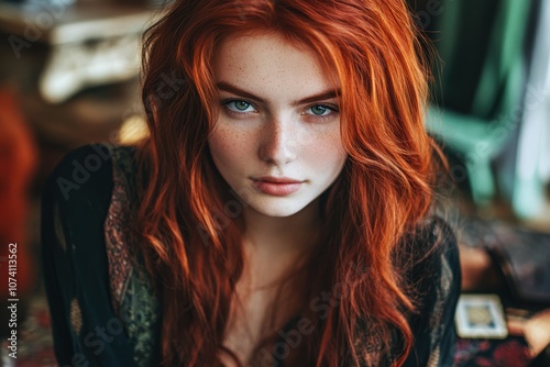 Stylish image of a young woman with red hair in vintage attire possibly a poker player or fortune teller