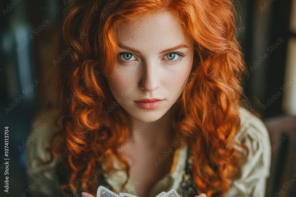 Obraz premium Vintage style portrait of a young woman with red hair possibly a poker player or fortune teller