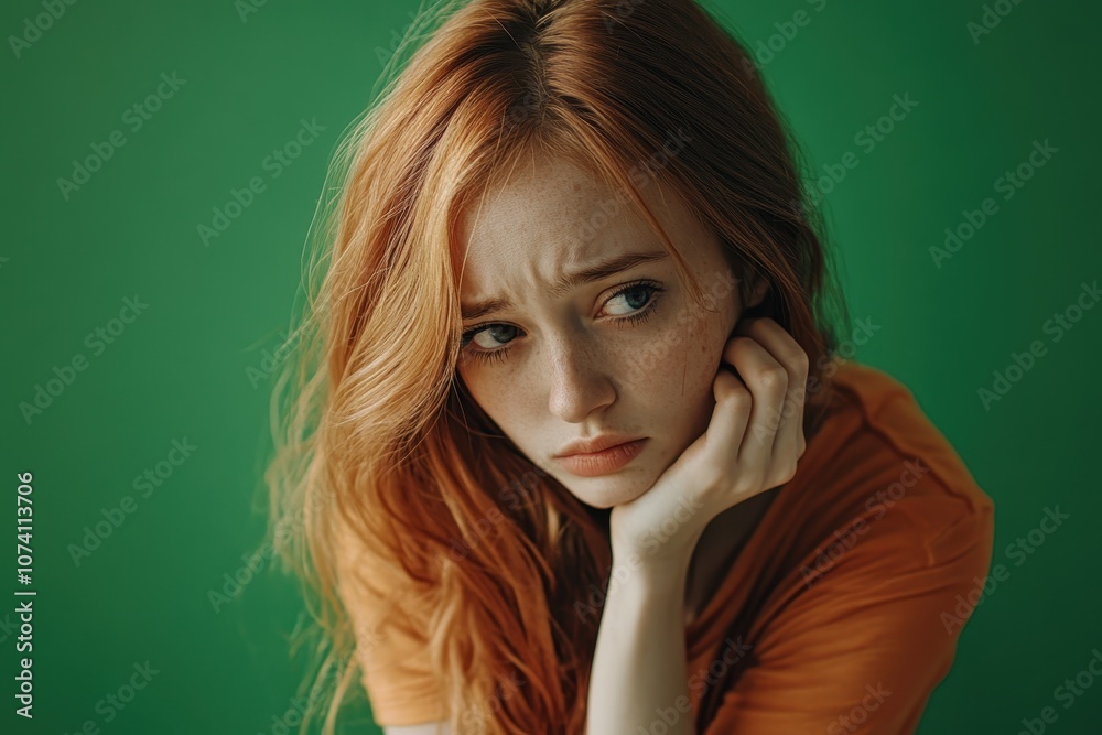 Weeping lonely young woman against green backdrop Weeping lonely young woman against green backdrop