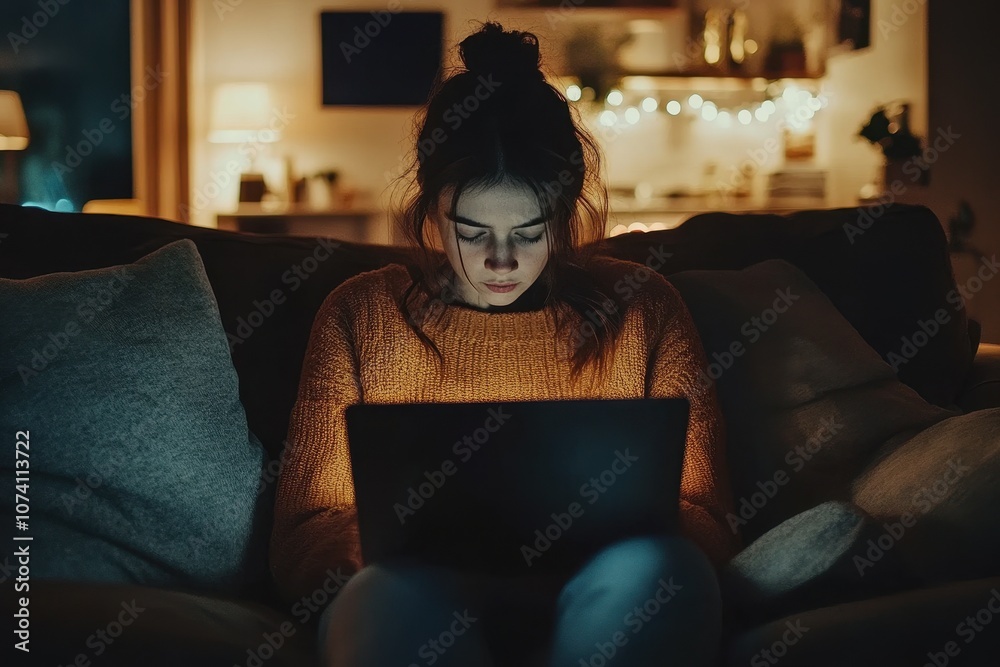 Woman at home on a sofa using a laptop and phone to browse emails or news while also connecting with friends online Space for text Woman at home on a sofa using a laptop and phone to browse emails or news while also connecting with friends online Space for text