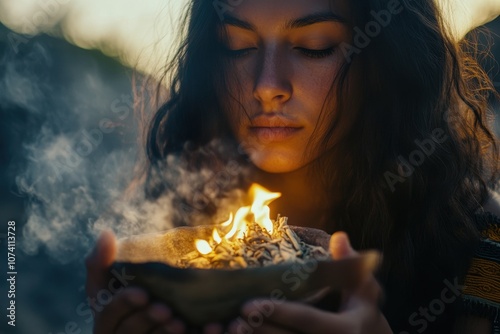 Fototapeta Naklejka Na Ścianę i Meble -  Woman burns sage for space cleansing and holistic well being