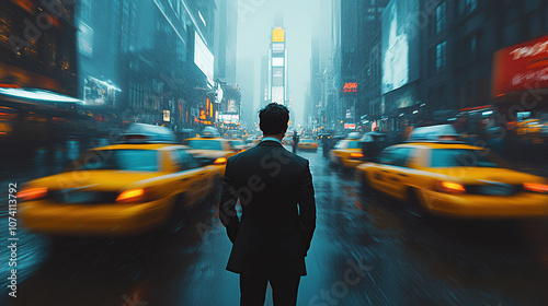 a businessman standing in the street, yellow taxi cabs passing by, motion blur, city lights