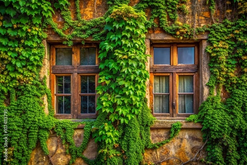 Lush Ivy-Covered Wall with Two Windows: A Macro Photography Perspective Showcasing Nature's Embrace on Urban Architecture in Vibrant Detail