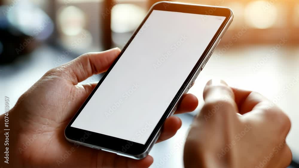 A person is holding a smartphone with a blank white screen