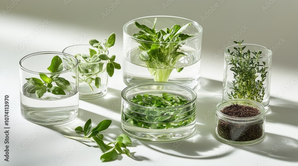 Eco-Friendly Glass Beauty Containers with Leaves and Fresh Plants - Sharp Detailed Emphasis on Green Beauty