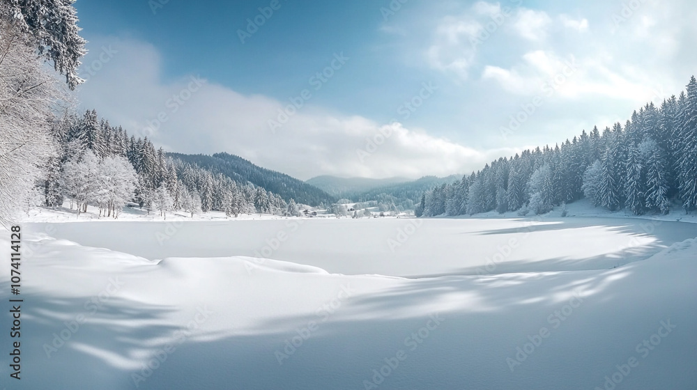 A snowy landscape with a river and mountains in the background, Serene Snowy Scenery: A White Winter Wonderland A snowy landscape with a river and mountains in the background, Serene Snowy Scenery: A White Winter Wonderland