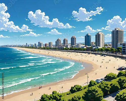 Distant view of Glenelg beach in Adelaide suburb on hot sunny summer day in SA Australia