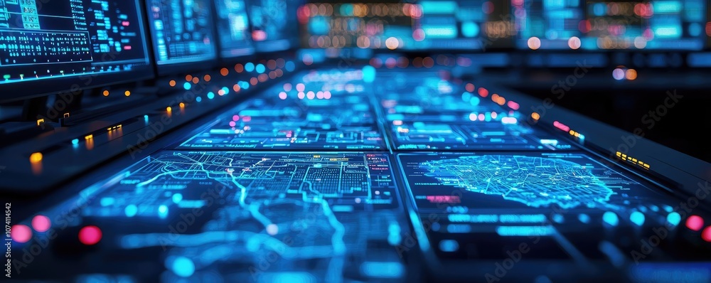 Futuristic control panel with glowing blue lights and interface elements. Futuristic control panel with glowing blue lights and interface elements.