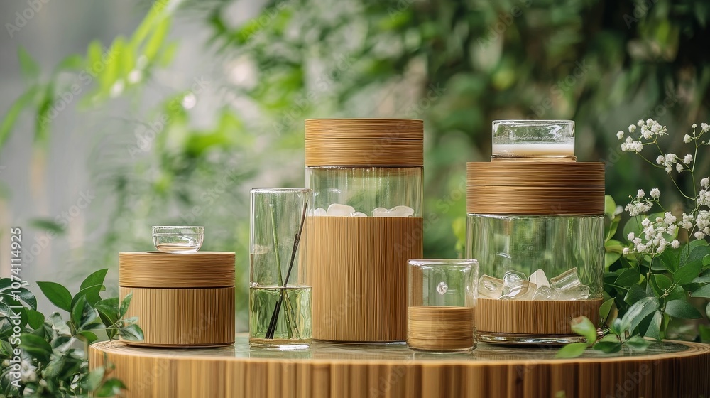 Eco-Luxe Harmony: Bamboo and Glass Creations Amid Natural Foliage in Soft Earth Tones Eco-Luxe Harmony: Bamboo and Glass Creations Amid Natural Foliage in Soft Earth Tones