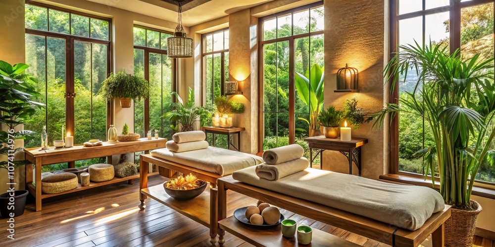 Fototapeta premium Luxurious Wellness Spa Experience: Embrace Plant-Based Treatments for Massages, Facials, and Aromatherapy in a Soothing and Vibrant Natural Setting