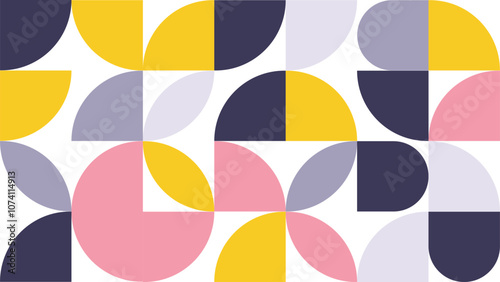 Abstract Geometric Pattern Artwork. Retro colors yellow, pink, blue dark and white background.