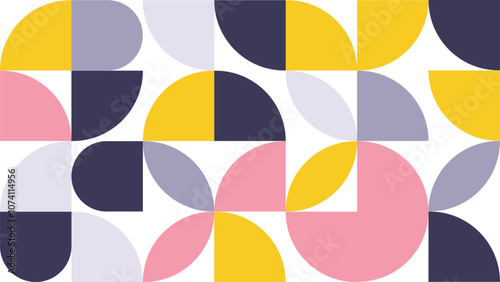 Abstract Geometric Pattern Artwork. Retro colors yellow, pink, blue dark and white background.