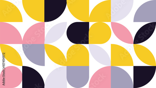 Abstract Geometric Pattern Artwork. Retro colors yellow, pink, blue dark and white background.