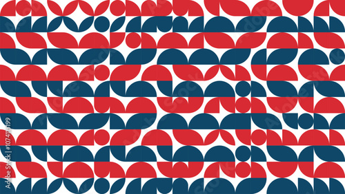 Abstract Geometric Pattern Artwork. Retro colors red, blue dark and white background.