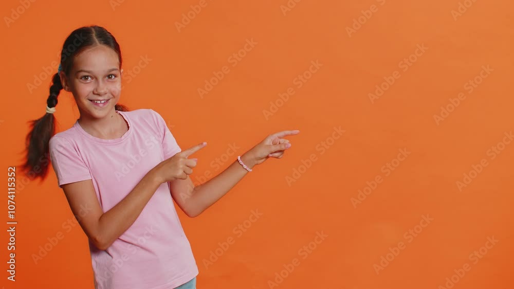 Preteen child girl kid showing thumbs up pointing right empty place, advertising area for commercial discount text, copy space for goods promotion advertisement. Teenager children on orange background Preteen child girl kid showing thumbs up pointing right empty place, advertising area for commercial discount text, copy space for goods promotion advertisement. Teenager children on orange background