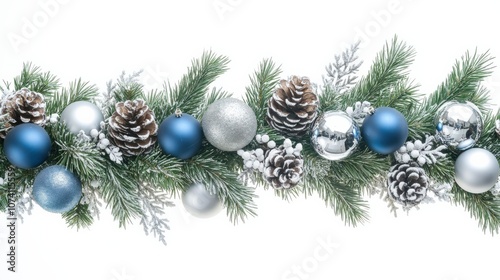 Festive Christmas Decoration with Blue and Silver Ornaments and Pine Cones