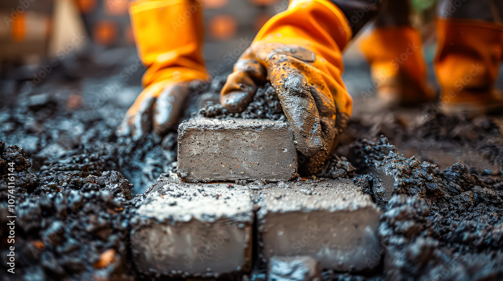 Man is laying bricks and using a trowel to spread mortar. Man is laying bricks and using a trowel to spread mortar.