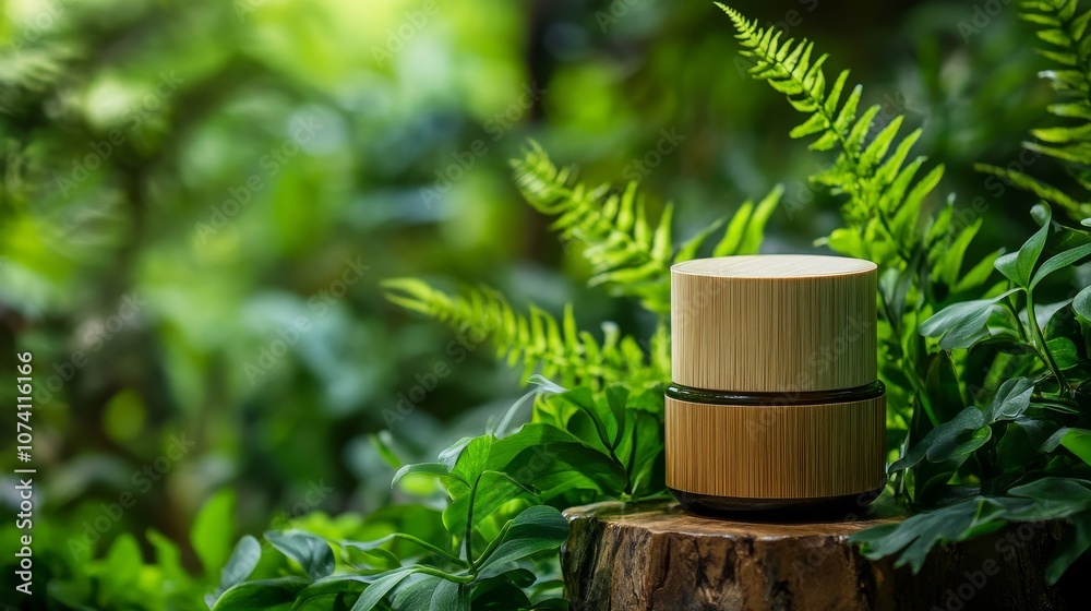 Refreshing Organic Moisturizer with Bamboo Cap Surrounded by Lush Green Plants on Natural Background Refreshing Organic Moisturizer with Bamboo Cap Surrounded by Lush Green Plants on Natural Background
