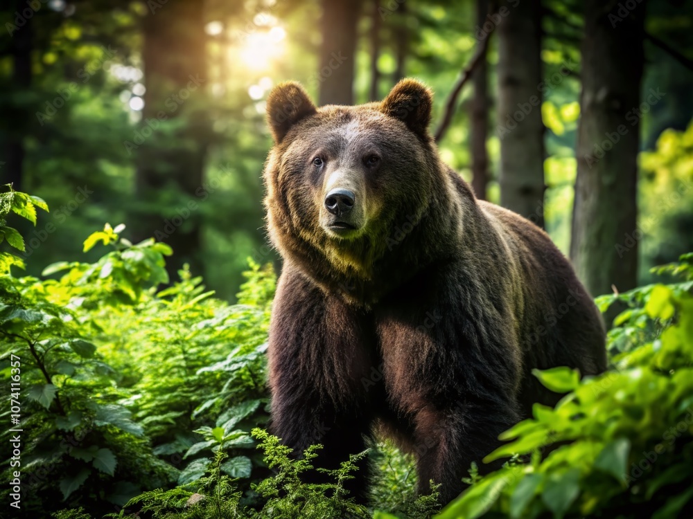 Majestic Brown Bear in a Lush Forest Landscape with Vibrant Green Foliage and Soft Sunlight Filtering Through the Trees, Capturing the Essence of Wildlife and Nature's Beauty Majestic Brown Bear in a Lush Forest Landscape with Vibrant Green Foliage and Soft Sunlight Filtering Through the Trees, Capturing the Essence of Wildlife and Nature's Beauty