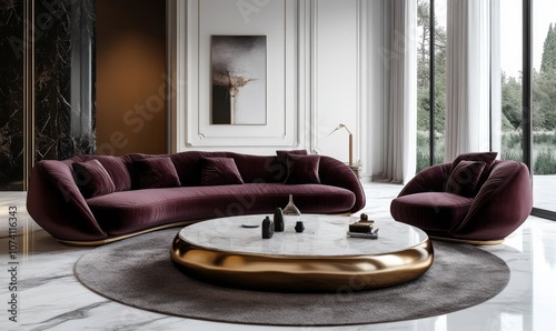 Luxury living room with marble flooring, high ceilings, and plush velvet furniture, sophisticated elegance, 3D illustration