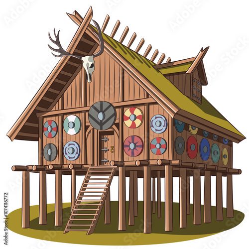 Wooden house on pillars in Viking style with shields isolated on white background.