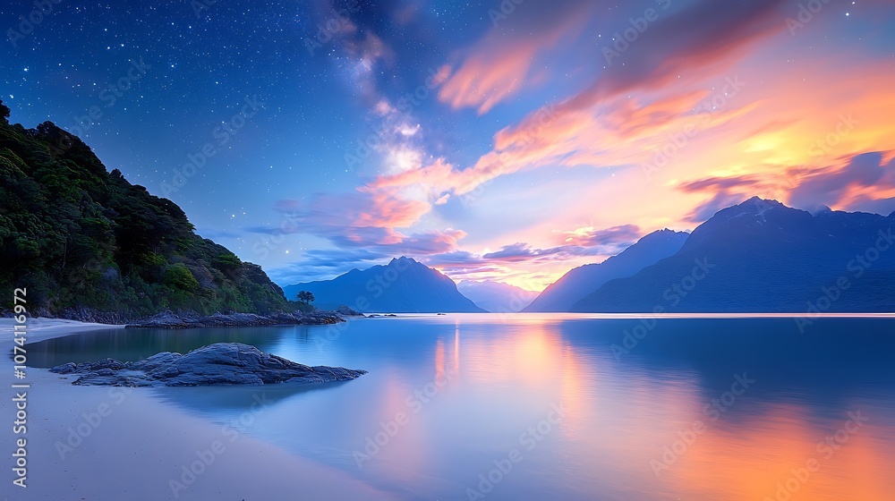 Breathtaking landscape reveals majestic sunset over tranquil waters and serene mountains Breathtaking landscape reveals majestic sunset over tranquil waters and serene mountains