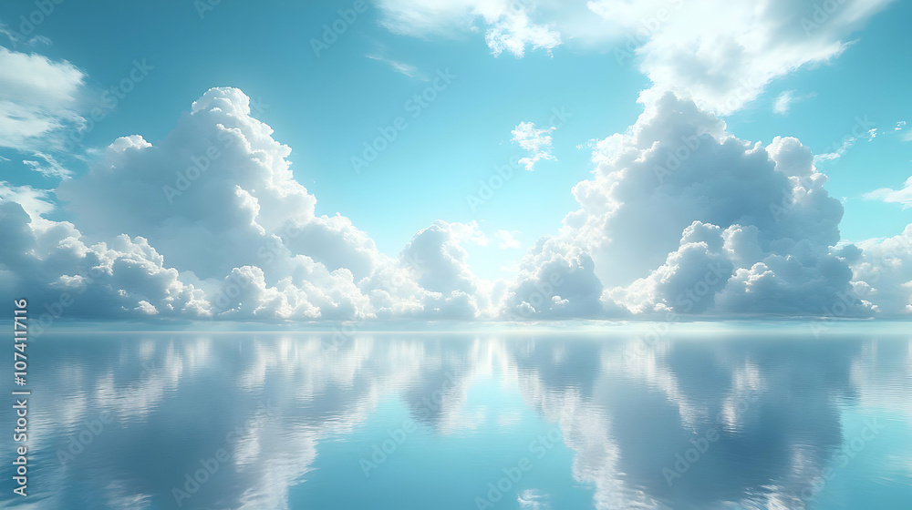 Sky With White Puffy Clouds Reflected in Blue Water - Illustration Sky With White Puffy Clouds Reflected in Blue Water - Illustration