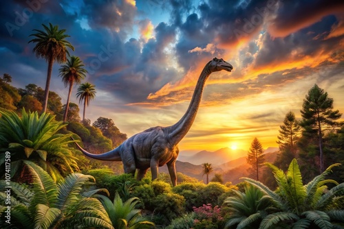 Majestic Long Exposure of a Brachiosaurus Amidst a Lush Prehistoric Landscape at Twilight, Capturing the Serenity of the Ancient World and Its Gentle Giants photo