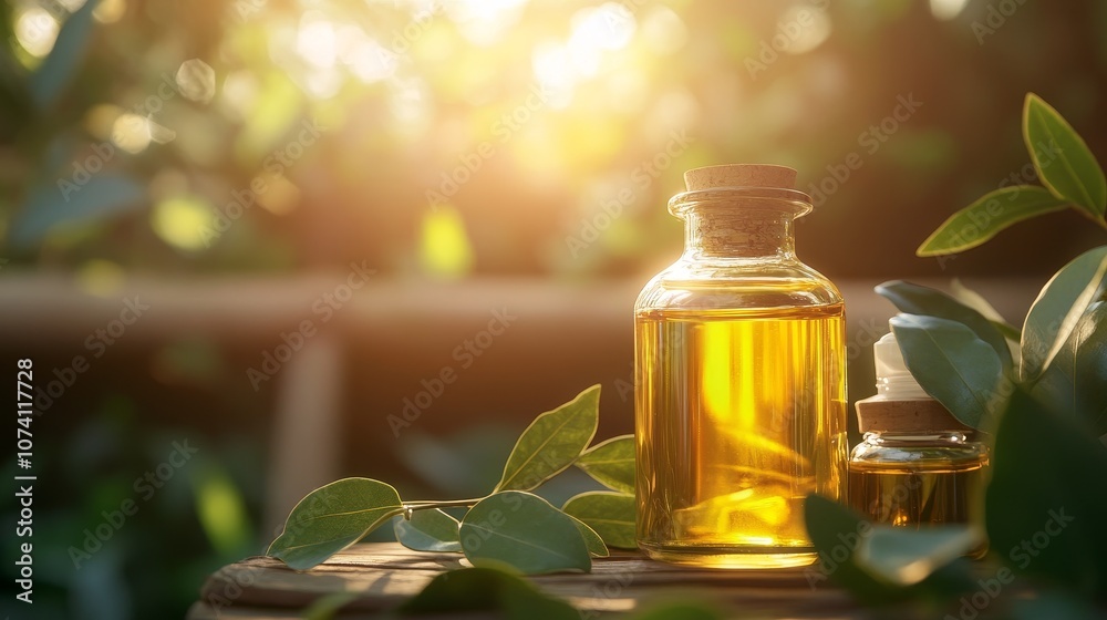 Eco-Friendly Organic Oils in Sustainable Packaging with Lush Leafy Background and Soft Sunlight Eco-Friendly Organic Oils in Sustainable Packaging with Lush Leafy Background and Soft Sunlight