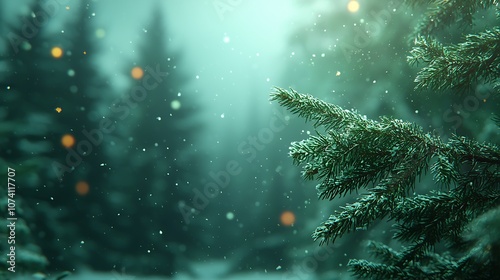Gentle snowflakes fall gracefully among evergreen trees in a serene winter landscape