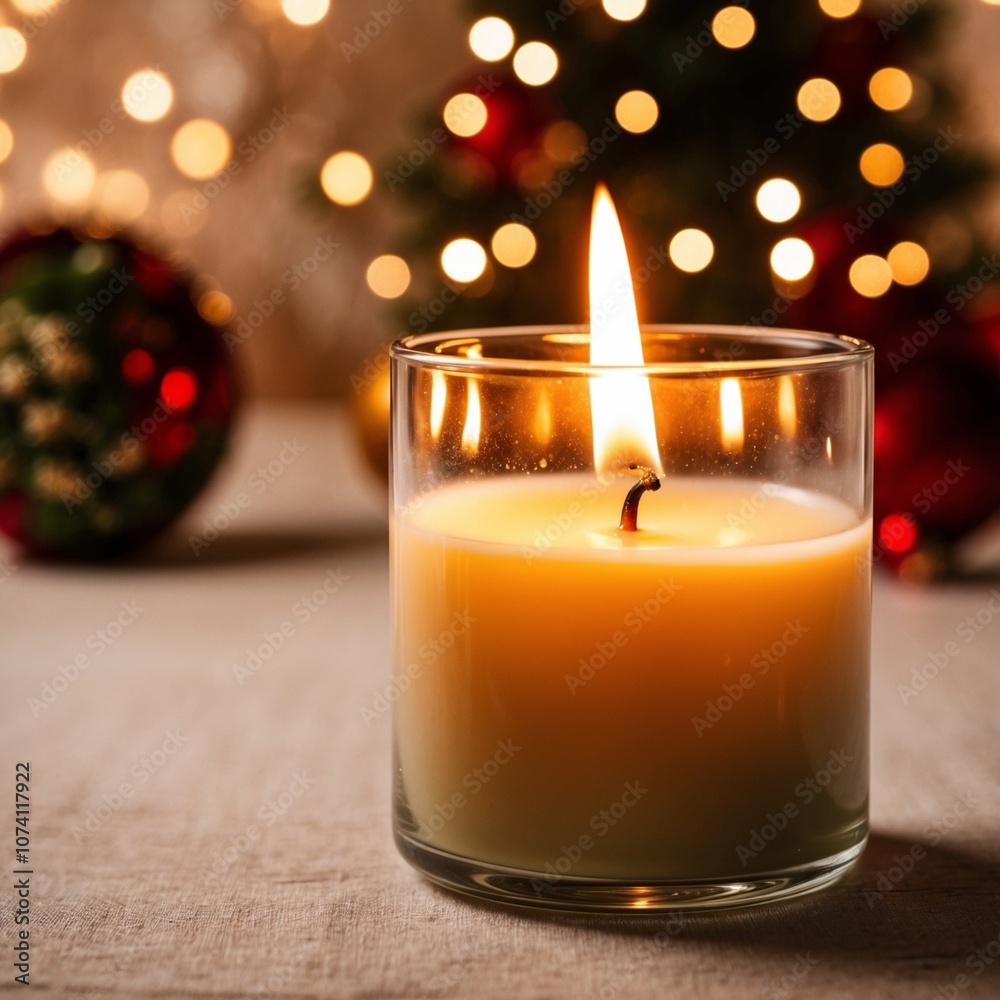 burning candle in a glass, Christmas background - generative ai burning candle in a glass, Christmas background - generative ai