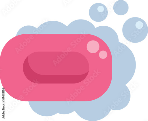 Pink soap bar surrounded by soap suds creating bubbles, ideal for hygiene, washing hands, and cleaning