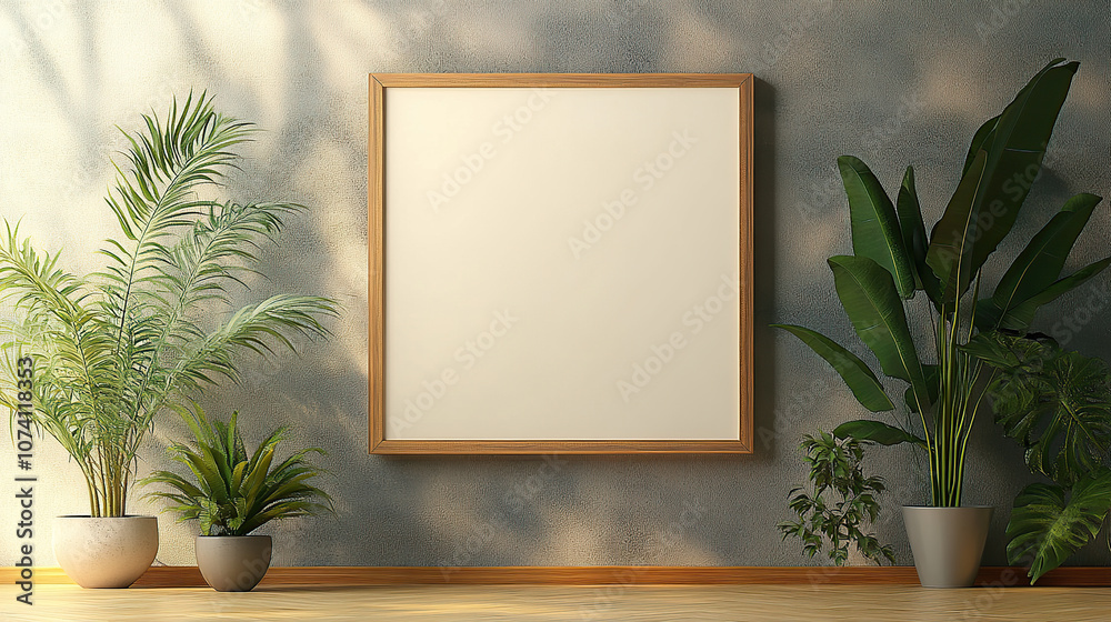 A mockup of an empty, blank wooden frame on the wall, with plants beside it A mockup of an empty, blank wooden frame on the wall, with plants beside it